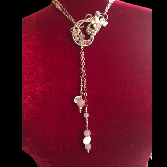 Rose Quartz, Fresh Water Pearls, Sterling & Fine Silver Lariat Necklace - Picture 7 of 9
